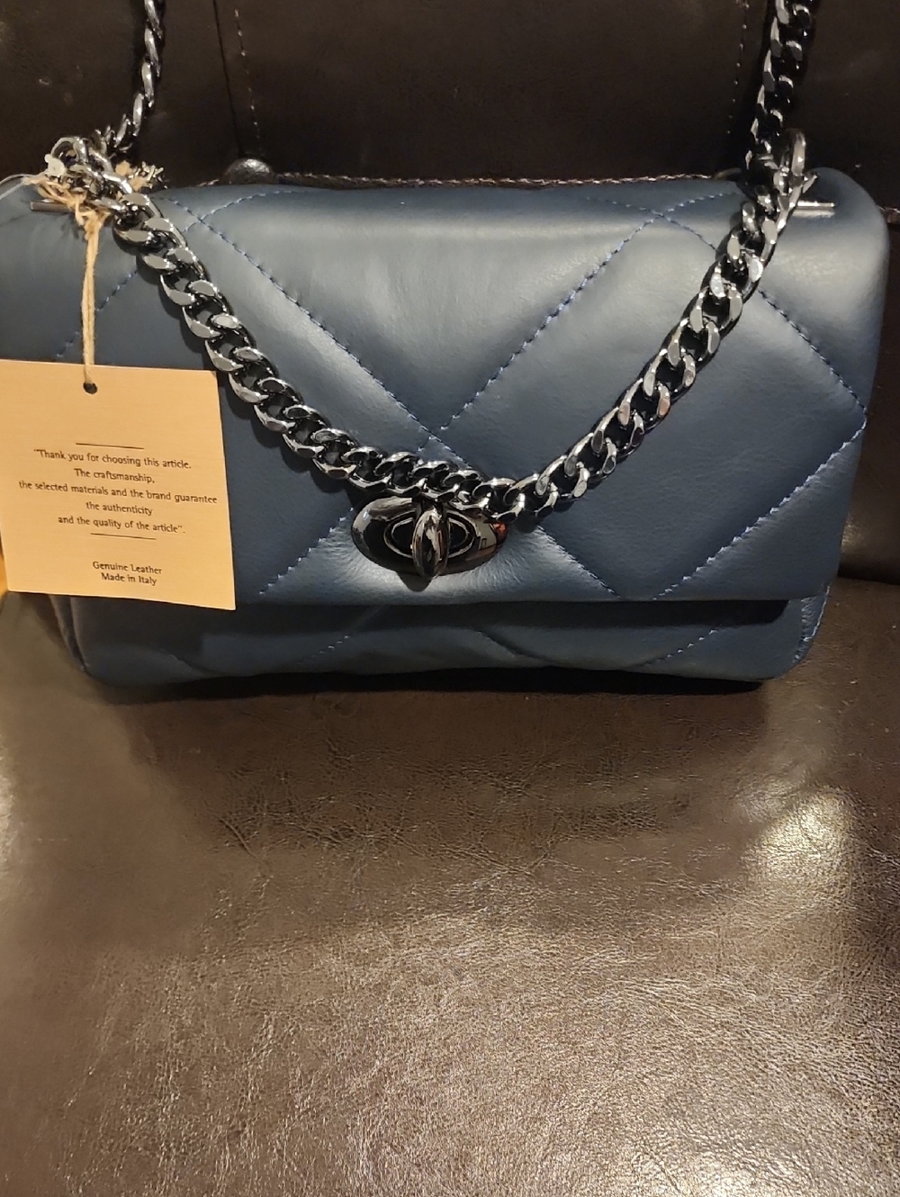Quilted Navy Leather Shoulder Bag with Chain Hardware